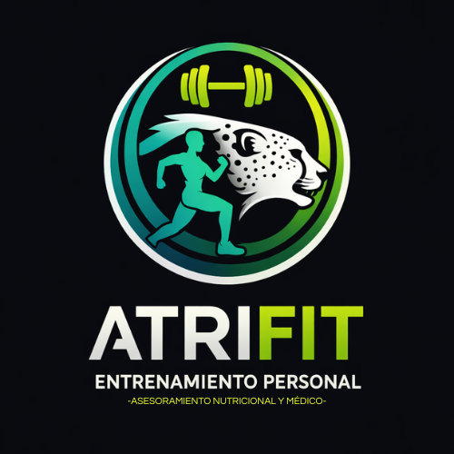 Logotipo original de ATRIFIT: guepardo, corredor y mancuerna. Entrenamiento personal, asesoramiento nutricional y médico